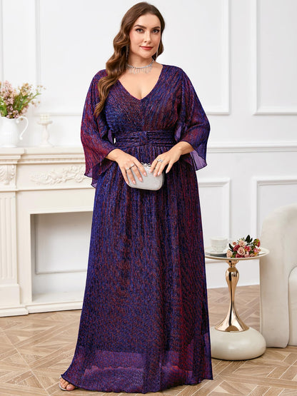 Plus Size Formal Dress Maxi Sparkly V Neck A-line Handkerchief Sleeve Evening Gown Wedding Guest Cocktail Gala