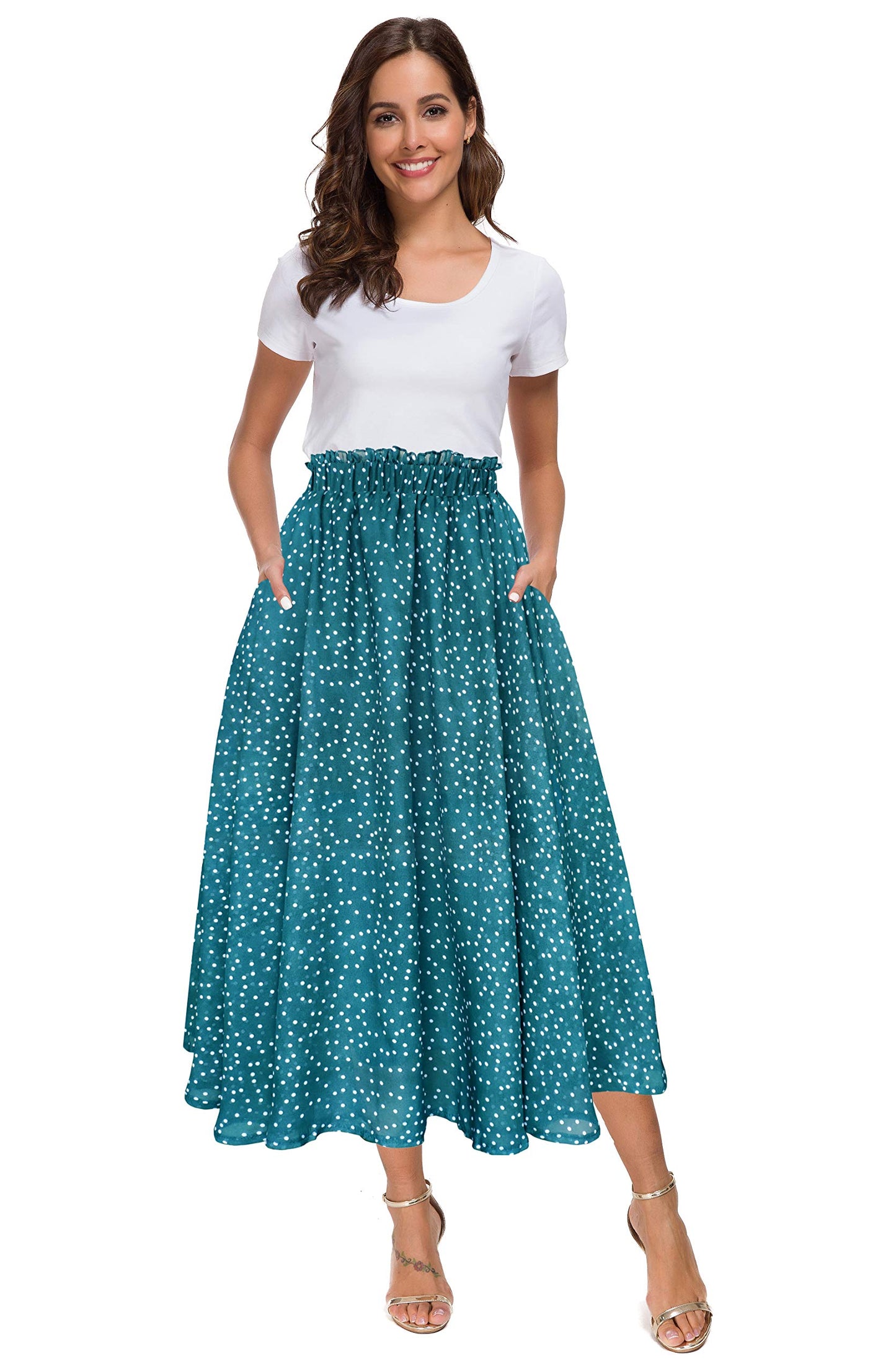 Afibi Women High Waist Floral Print Swing Chiffon Beach Midi Long Skirt with Pockets