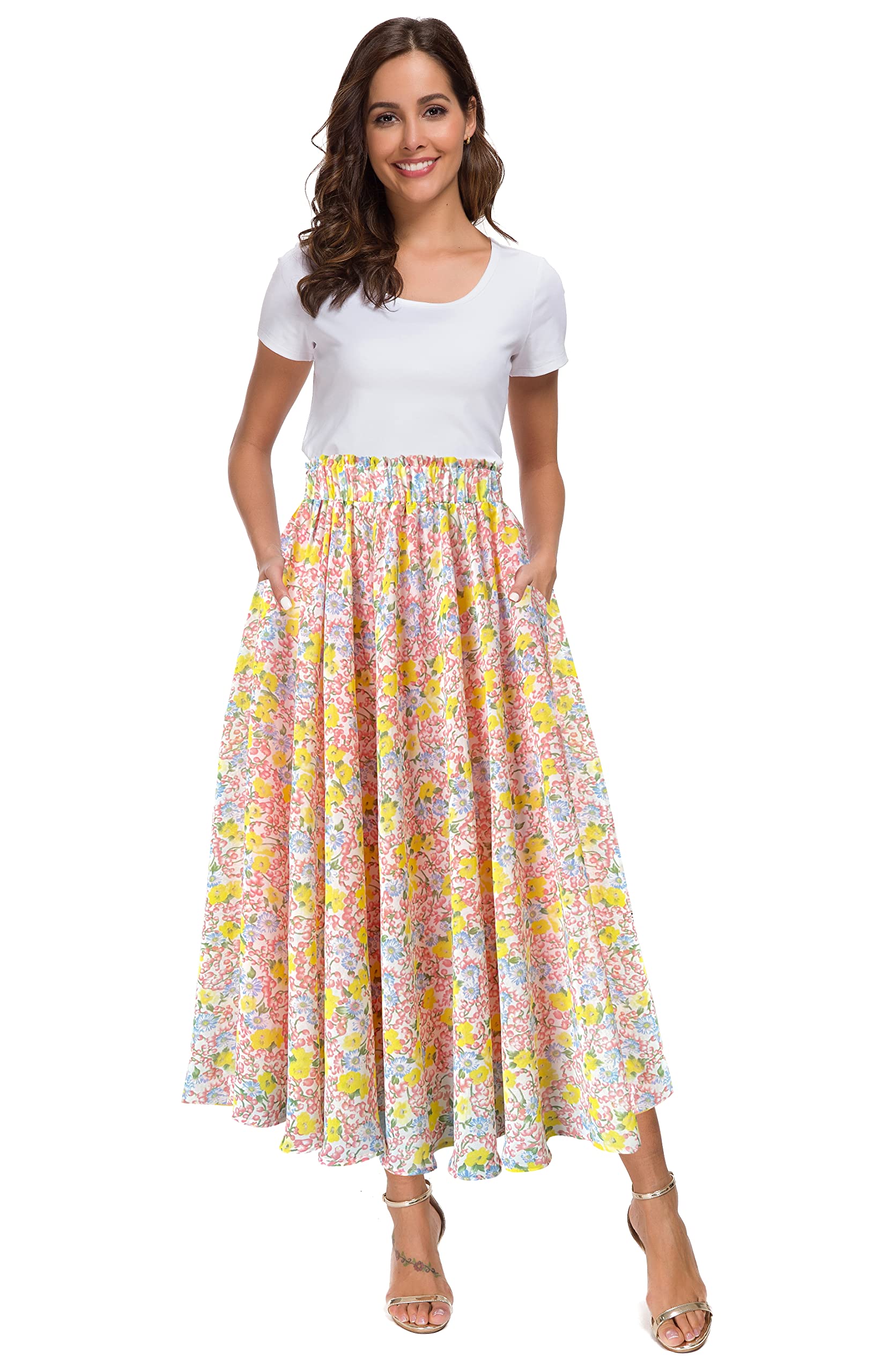Afibi Women High Waist Floral Print Swing Chiffon Beach Midi Long Skirt with Pockets