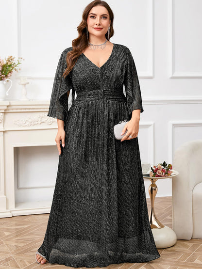 Plus Size Formal Dress Maxi Sparkly V Neck A-line Handkerchief Sleeve Evening Gown Wedding Guest Cocktail Gala