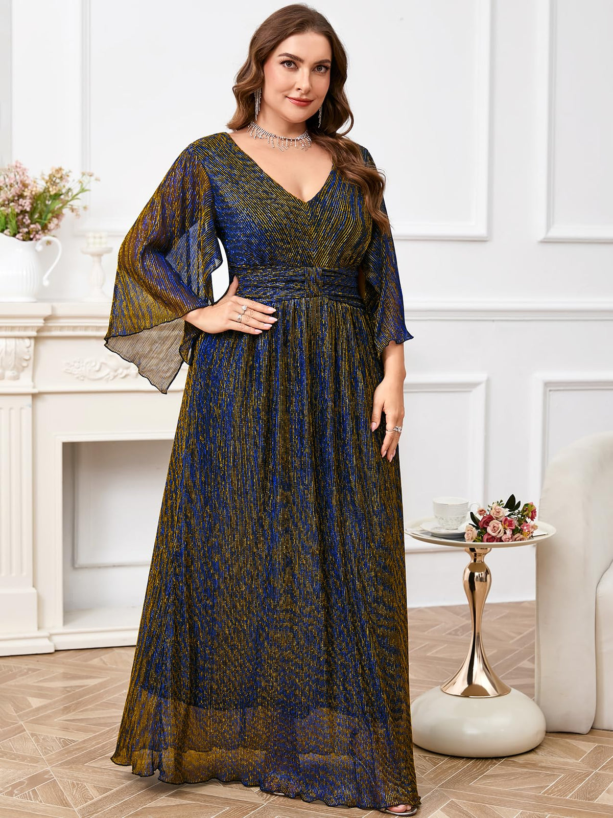 Plus Size Formal Dress Maxi Sparkly V Neck A-line Handkerchief Sleeve Evening Gown Wedding Guest Cocktail Gala