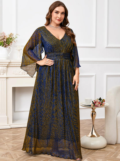 Plus Size Formal Dress Maxi Sparkly V Neck A-line Handkerchief Sleeve Evening Gown Wedding Guest Cocktail Gala