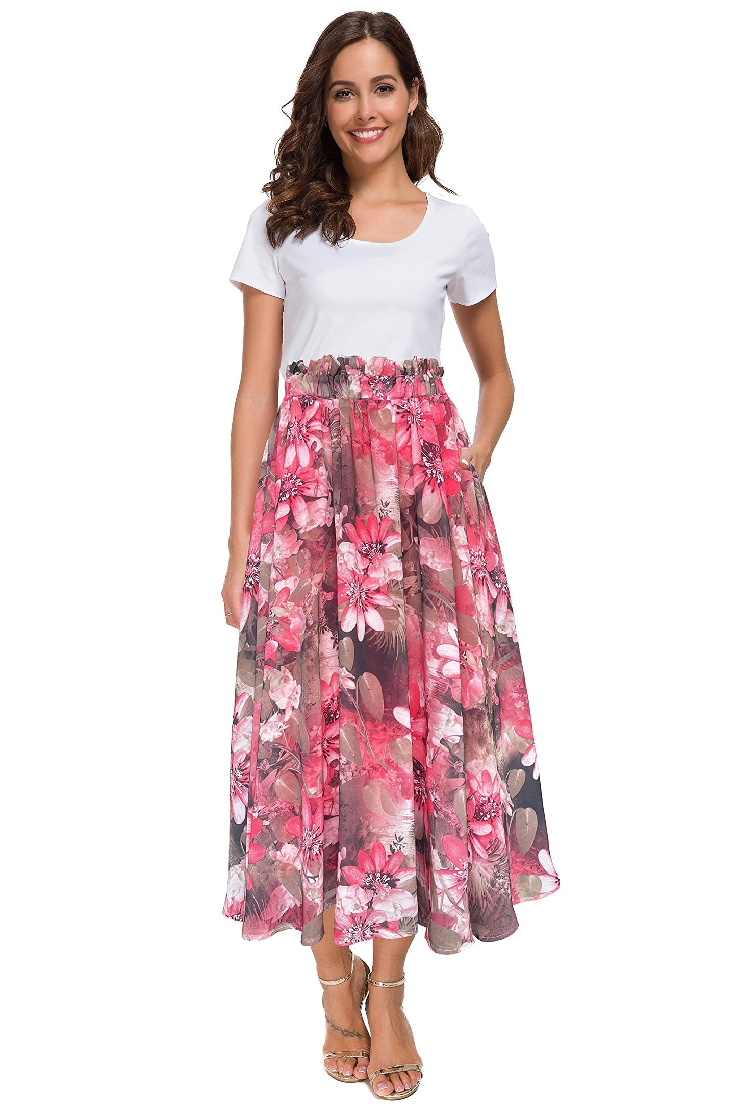 Afibi Women High Waist Floral Print Swing Chiffon Beach Midi Long Skirt with Pockets