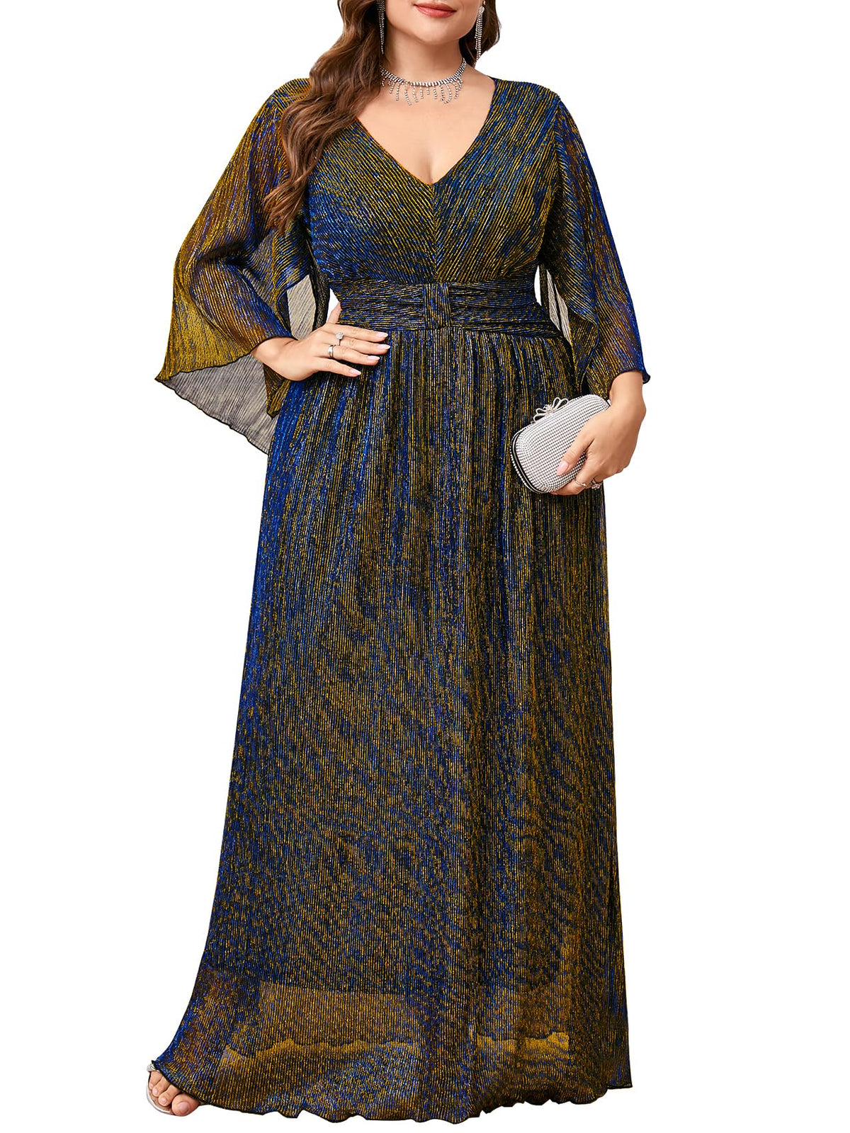Plus Size Formal Dress Maxi Sparkly V Neck A-line Handkerchief Sleeve Evening Gown Wedding Guest Cocktail Gala