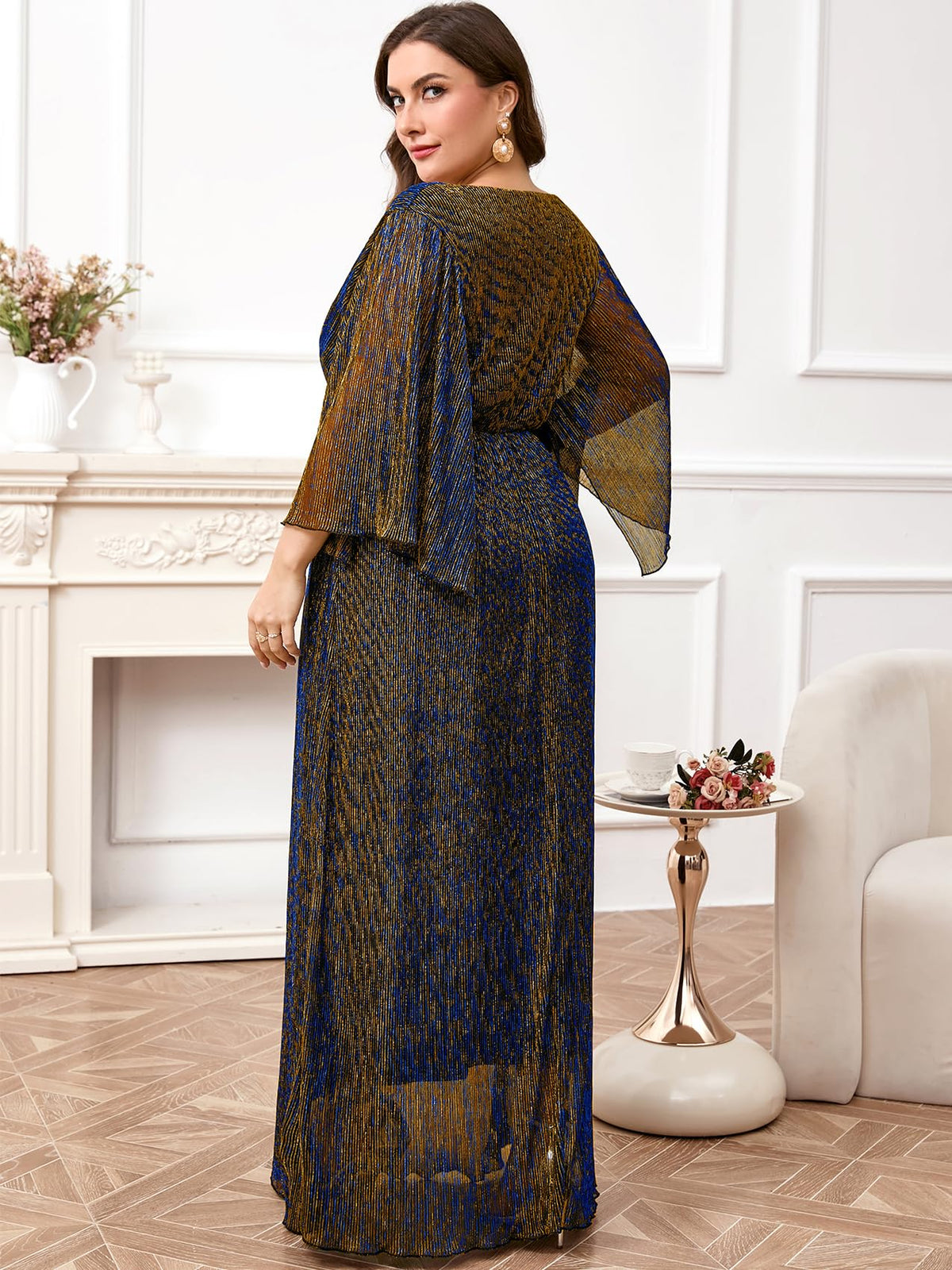 Plus Size Formal Dress Maxi Sparkly V Neck A-line Handkerchief Sleeve Evening Gown Wedding Guest Cocktail Gala