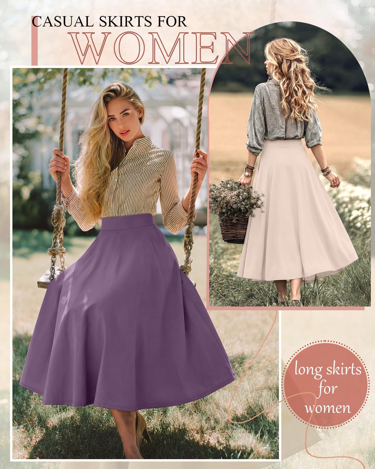 Ficerd 3 Pack Women's Maxi Long Skirts with Pockets, A Line Ankle Length High Waisted Flowy Soft Summer Casual Skirts