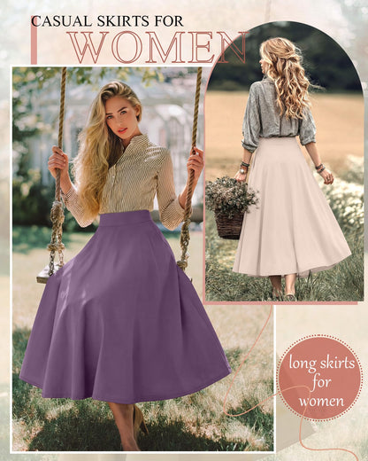 Ficerd 3 Pack Women's Maxi Long Skirts with Pockets, A Line Ankle Length High Waisted Flowy Soft Summer Casual Skirts