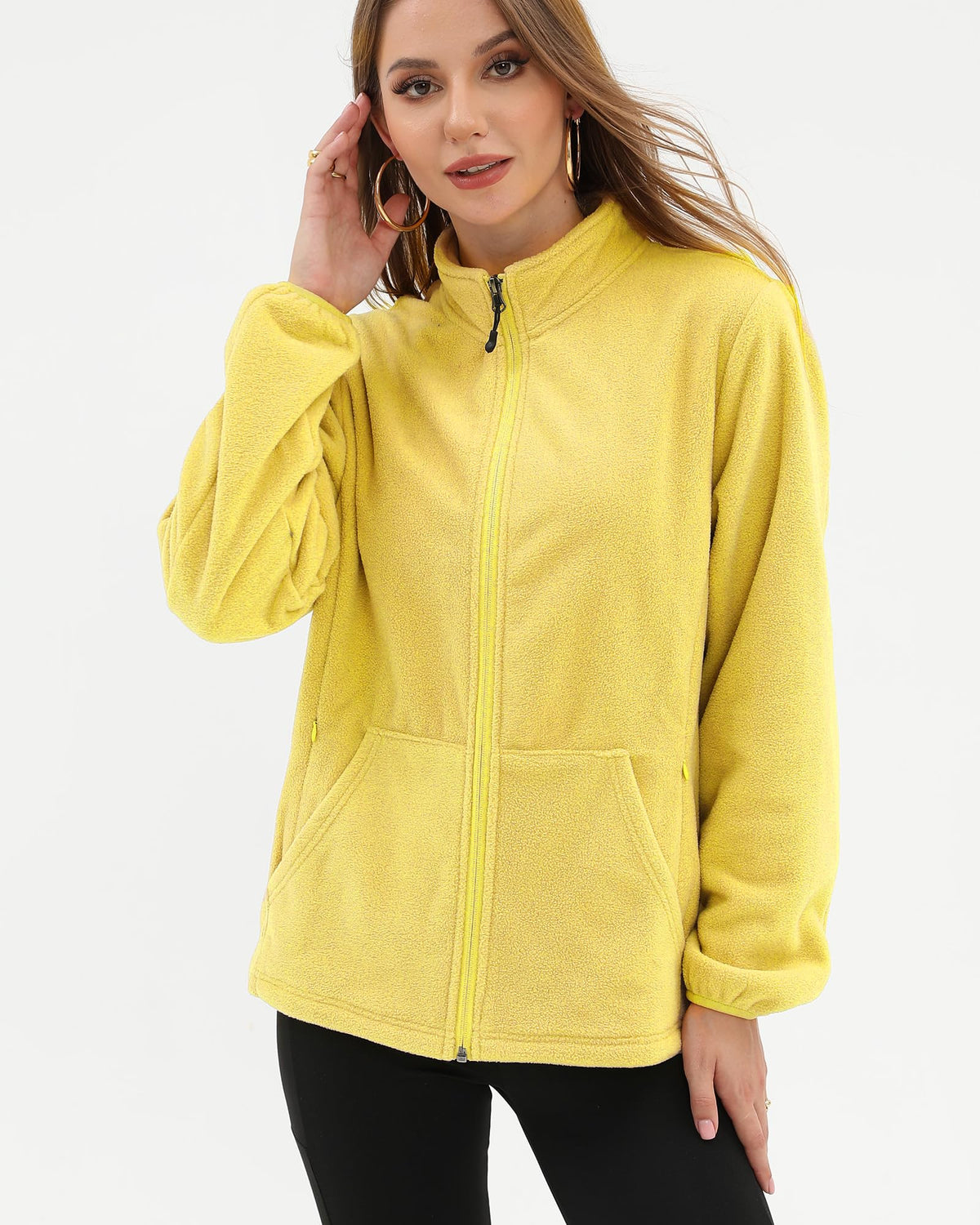 Argstar Women's Fleece Jacket, Lightweight Full Zip Classic Soft Casual Recreation Coat with Zipper Pockets Yellow XXL