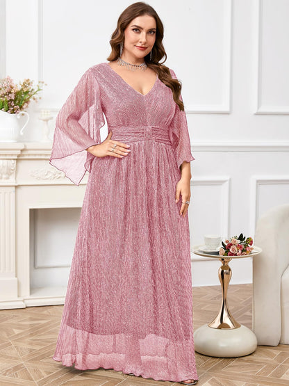 Plus Size Formal Dress Maxi Sparkly V Neck A-line Handkerchief Sleeve Evening Gown Wedding Guest Cocktail Gala