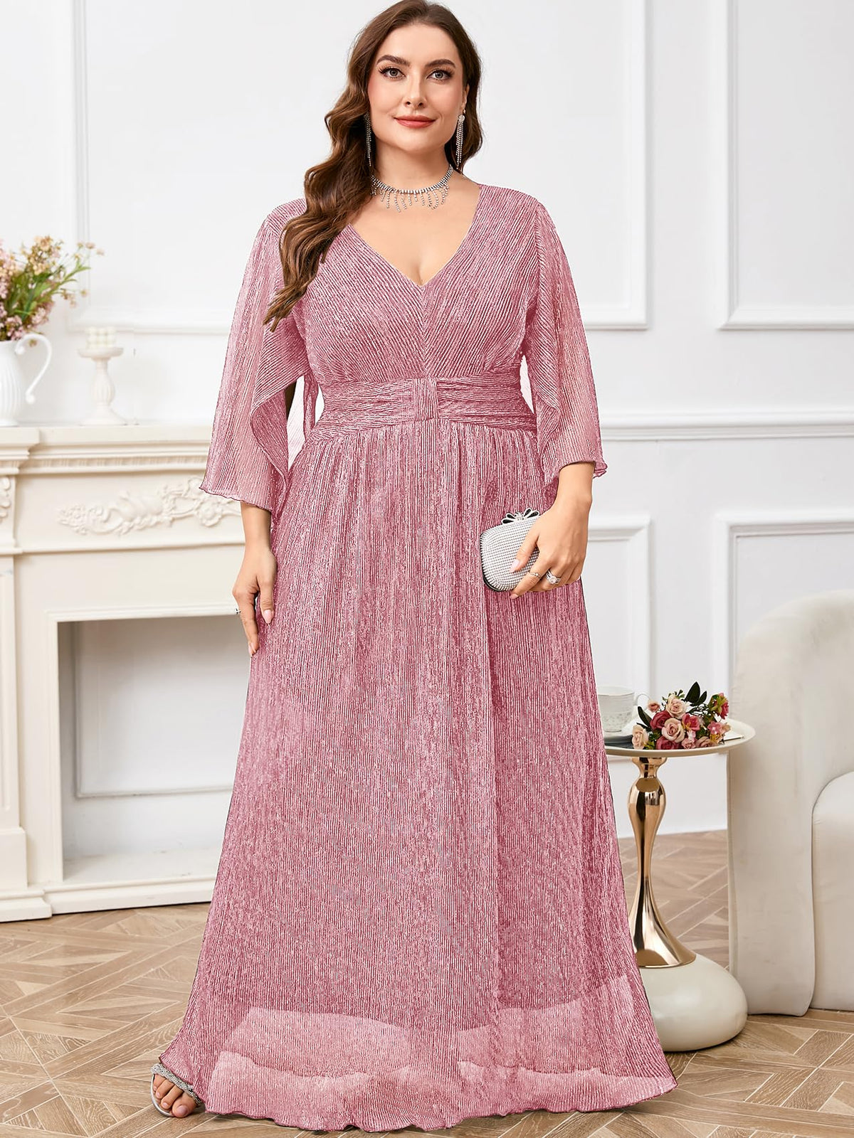 Plus Size Formal Dress Maxi Sparkly V Neck A-line Handkerchief Sleeve Evening Gown Wedding Guest Cocktail Gala