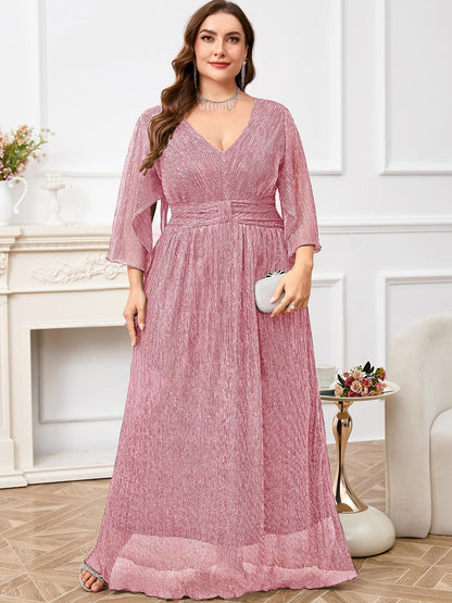 Plus Size Formal Dress Maxi Sparkly V Neck A-line Handkerchief Sleeve Evening Gown Wedding Guest Cocktail Gala