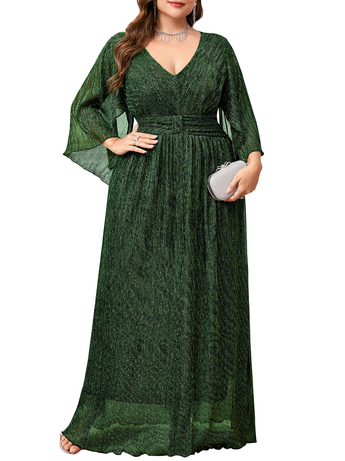 Plus Size Formal Dress Maxi Sparkly V Neck A-line Handkerchief Sleeve Evening Gown Wedding Guest Cocktail Gala
