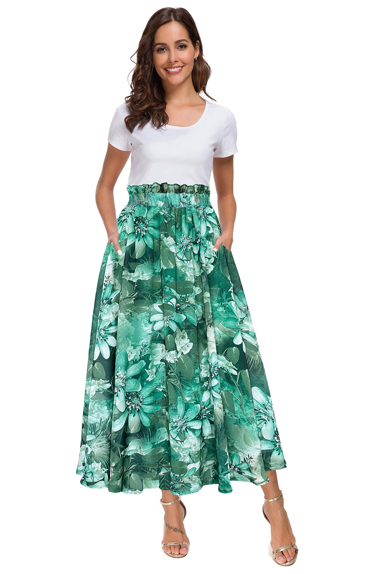 Afibi Women High Waist Floral Print Swing Chiffon Beach Midi Long Skirt with Pockets