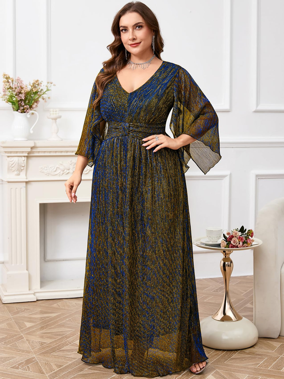 Plus Size Formal Dress Maxi Sparkly V Neck A-line Handkerchief Sleeve Evening Gown Wedding Guest Cocktail Gala