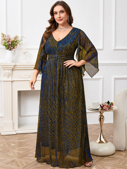 Plus Size Formal Dress Maxi Sparkly V Neck A-line Handkerchief Sleeve Evening Gown Wedding Guest Cocktail Gala