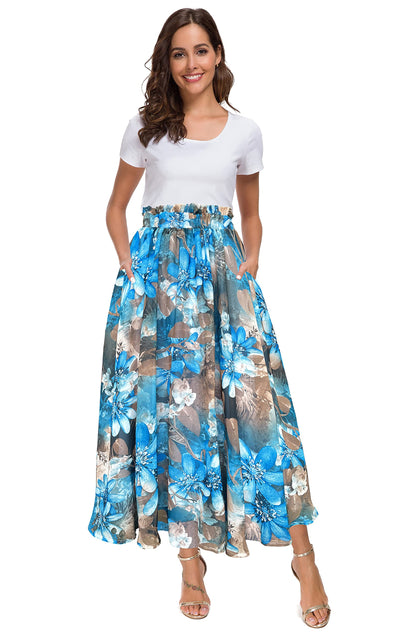 Afibi Women High Waist Floral Print Swing Chiffon Beach Midi Long Skirt with Pockets