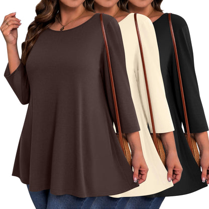 Evervibe 3 Pack Plus Size Tunic Tops for Curvy Women 3/4 Sleeve Shirts Loose Spring Casual Swing Flare Blouses with Leggings