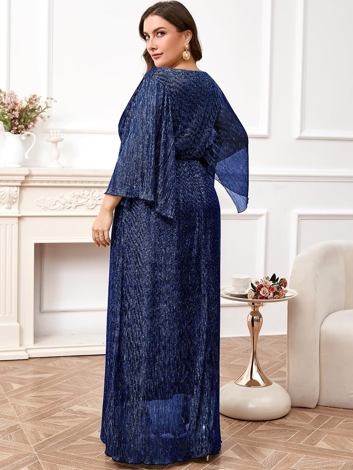 Plus Size Formal Dress Maxi Sparkly V Neck A-line Handkerchief Sleeve Evening Gown Wedding Guest Cocktail Gala