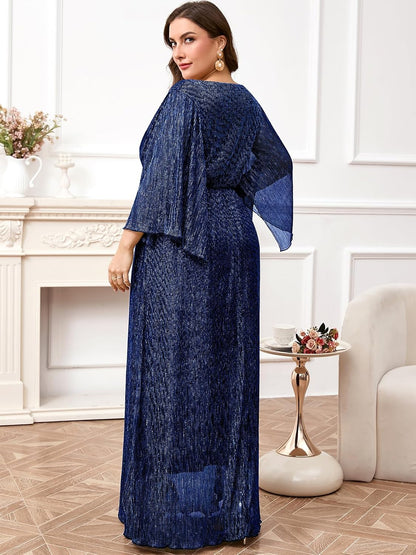Plus Size Formal Dress Maxi Sparkly V Neck A-line Handkerchief Sleeve Evening Gown Wedding Guest Cocktail Gala