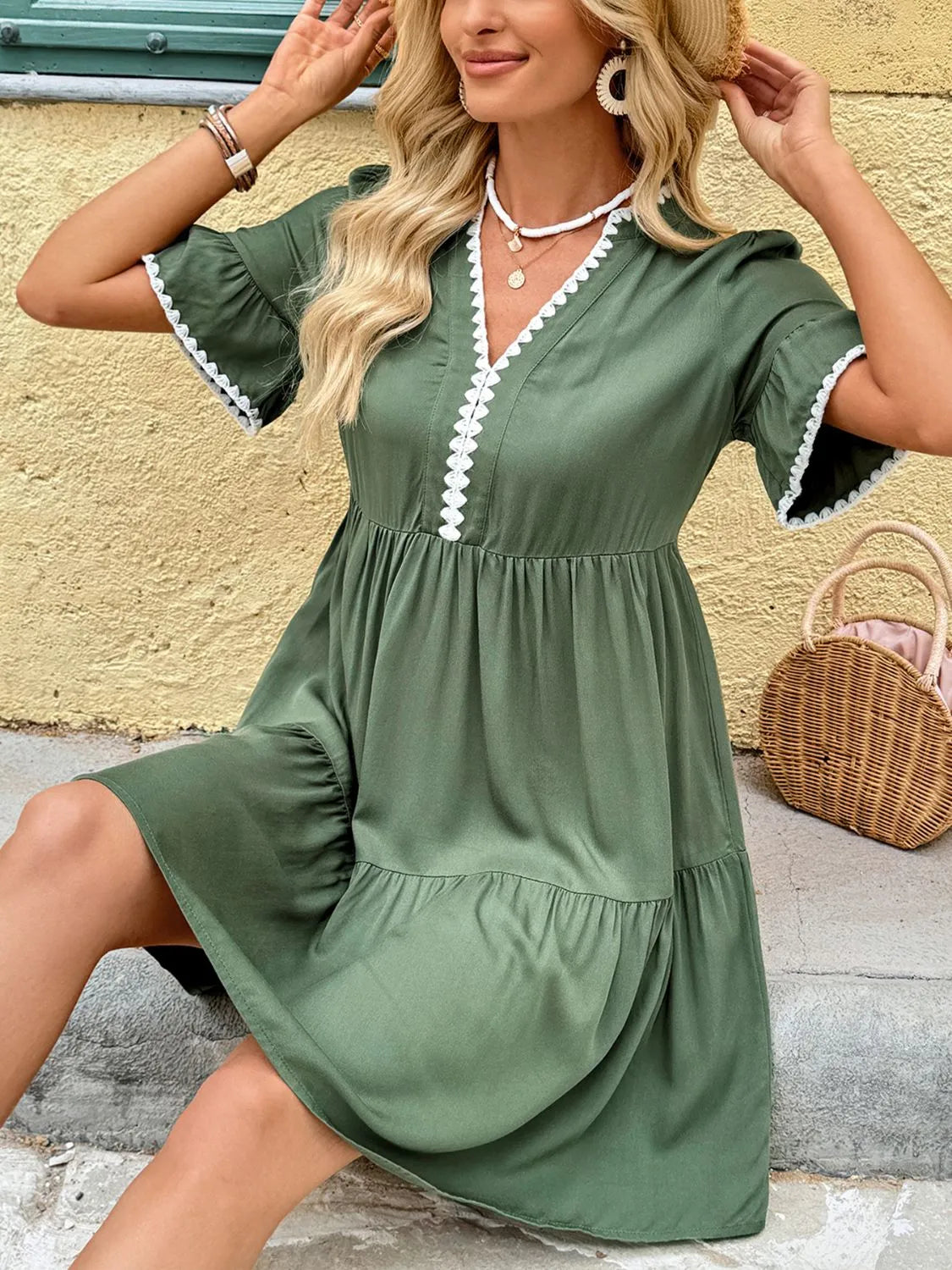 Lace Detail Notched Flounce Sleeve Mini Dress