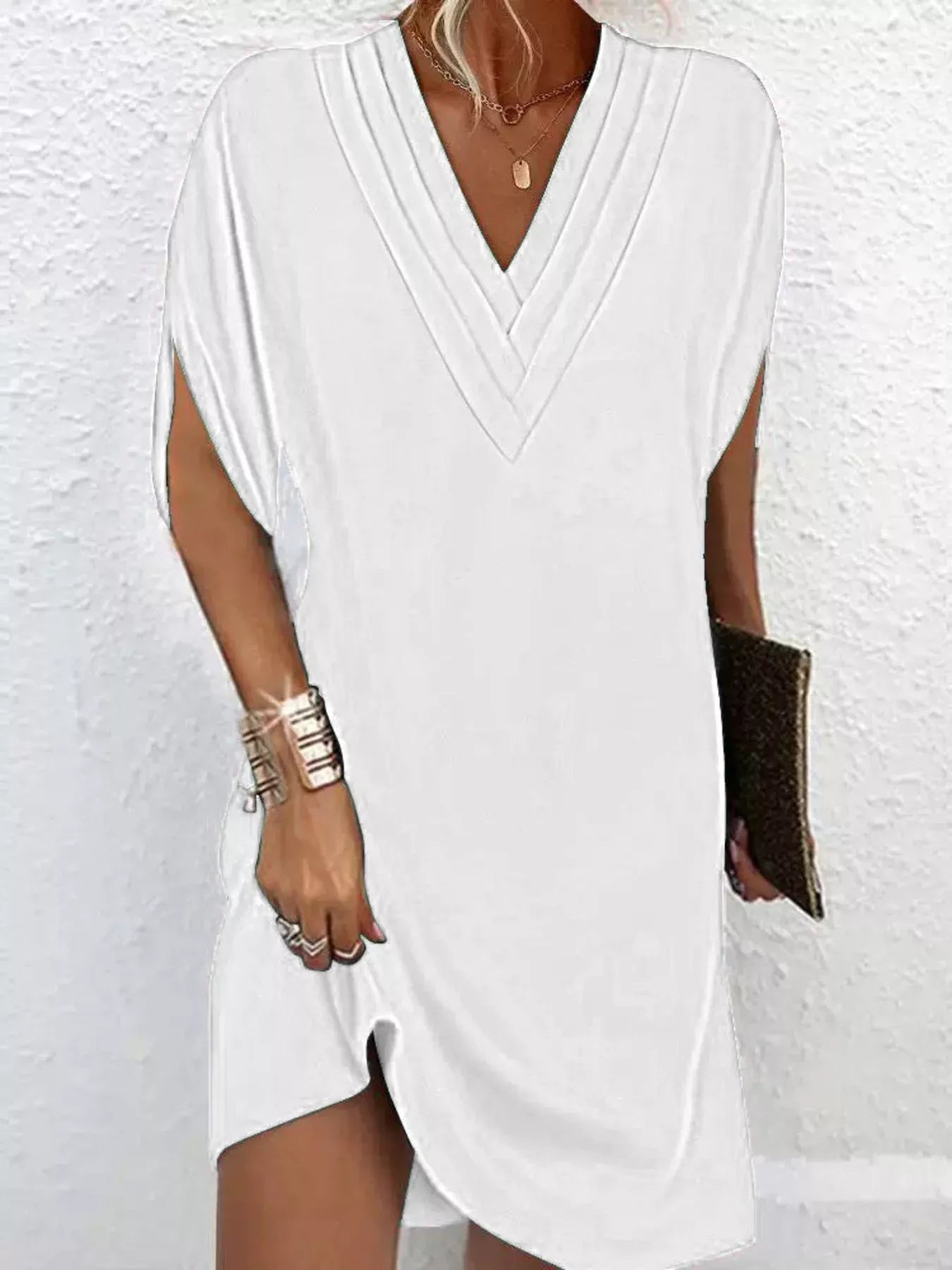 V-Neck Slit Sleeve Mini Dress