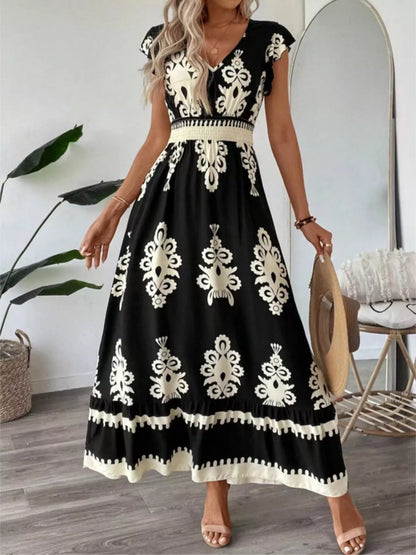 Printed V-Neck Ruffled Cap Sleeve Dress