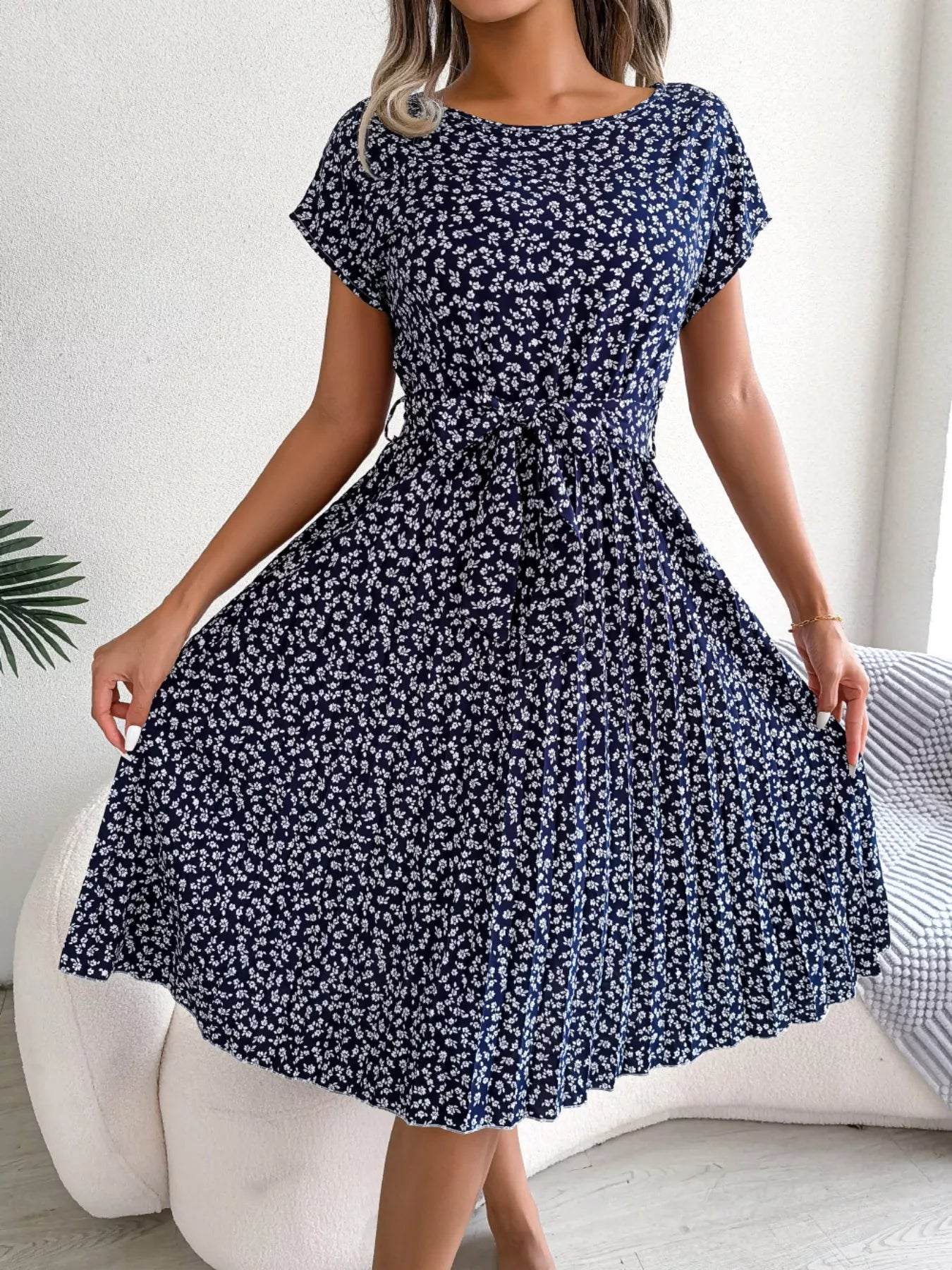 Women's Floral Pleated Midi Dress with Belt – Casual Spring Style