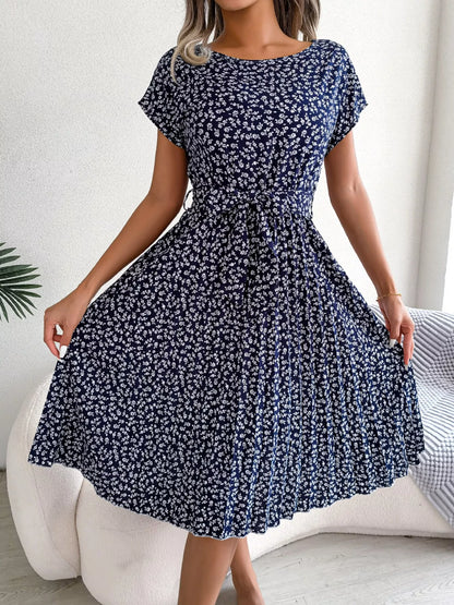 Women's Floral Pleated Midi Dress with Belt – Casual Spring Style