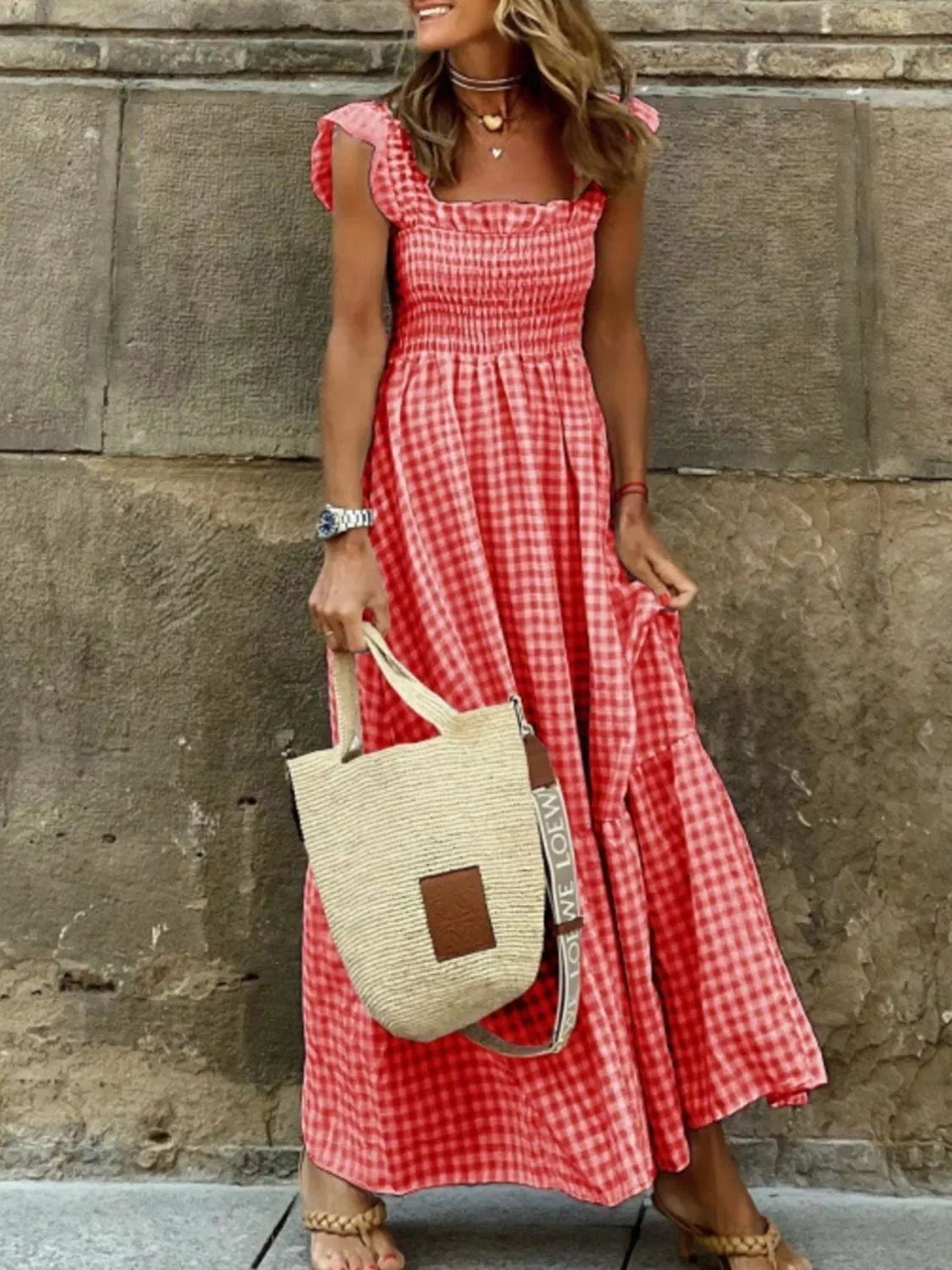 Gingham Smocked Ruffle Maxi Dress