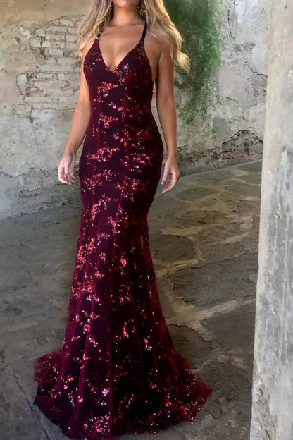 Sequin Tie Back V-Neck Maxi Dress