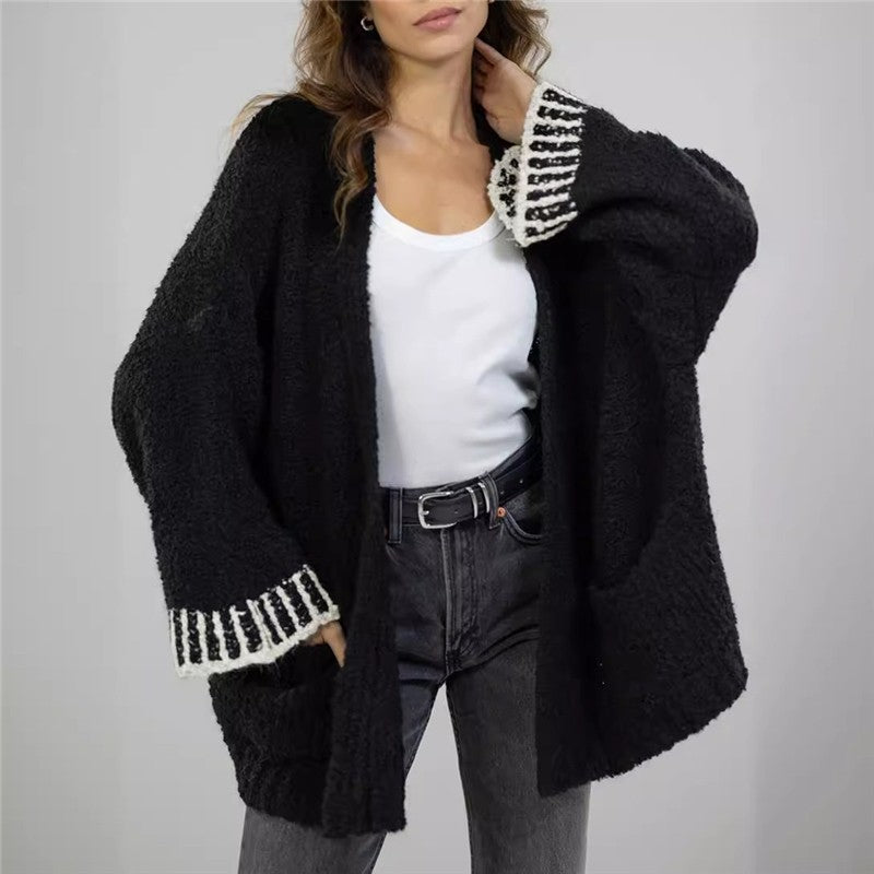 Casual Loose Contrast Color Long Sleeve Sweater Cardigan