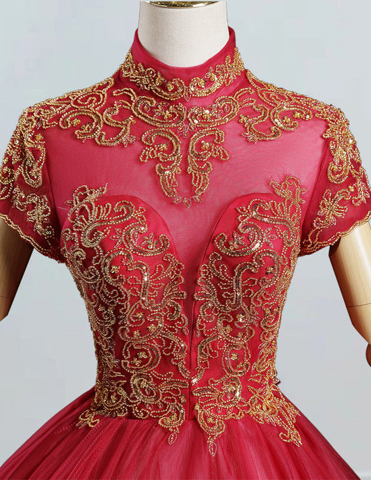Elegant Burgundy Beaded Ball Gown | Prom & Bridesmaid Dress with Sleeves