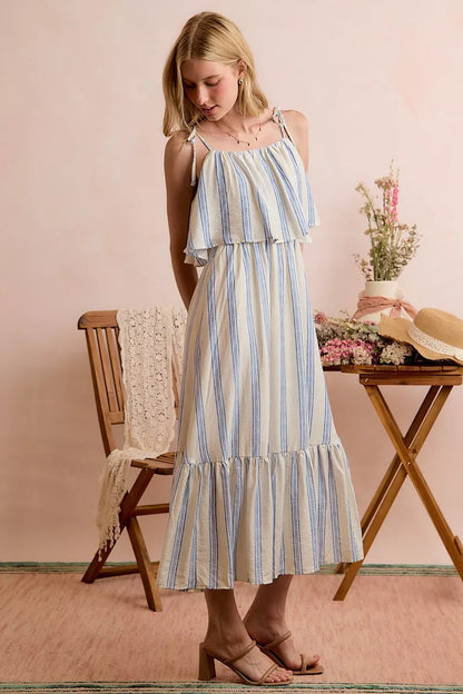 Stripe Tiered Shoulder Tie Midi Lined Dress