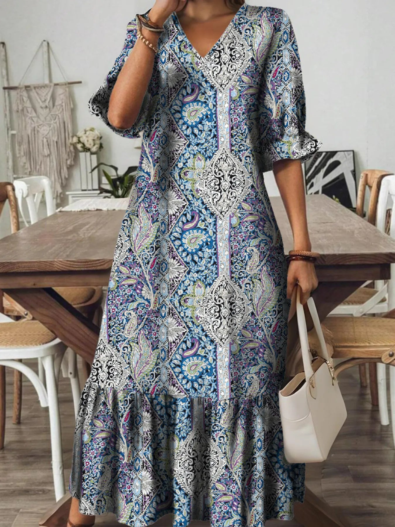 Bohemian Paisley Print V-Neck Midi Dress