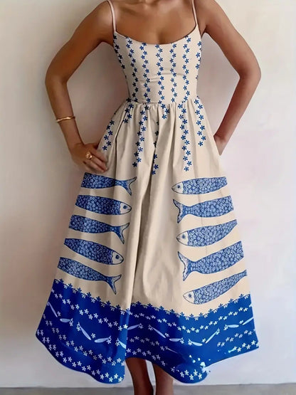 Sardine Print Spaghetti Strap Midi Dress