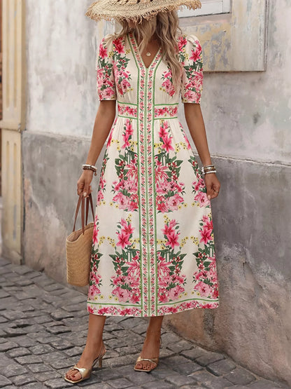Floral Print V-Neck Midi Dress