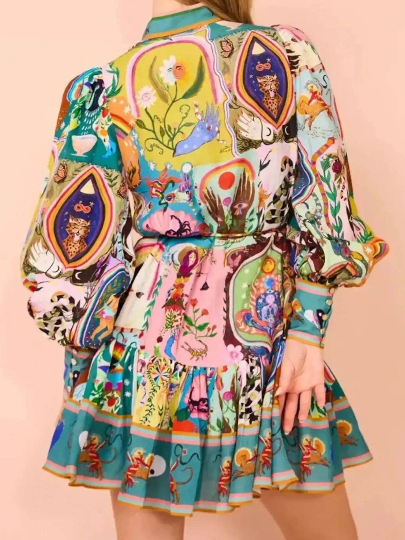 Printed Long Sleeve Mini Dress with Belt