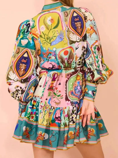 Printed Long Sleeve Mini Dress with Belt