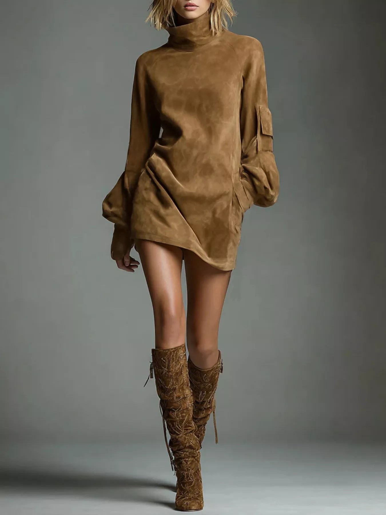 Suede Turtleneck Lantern Sleeve Mini Dress