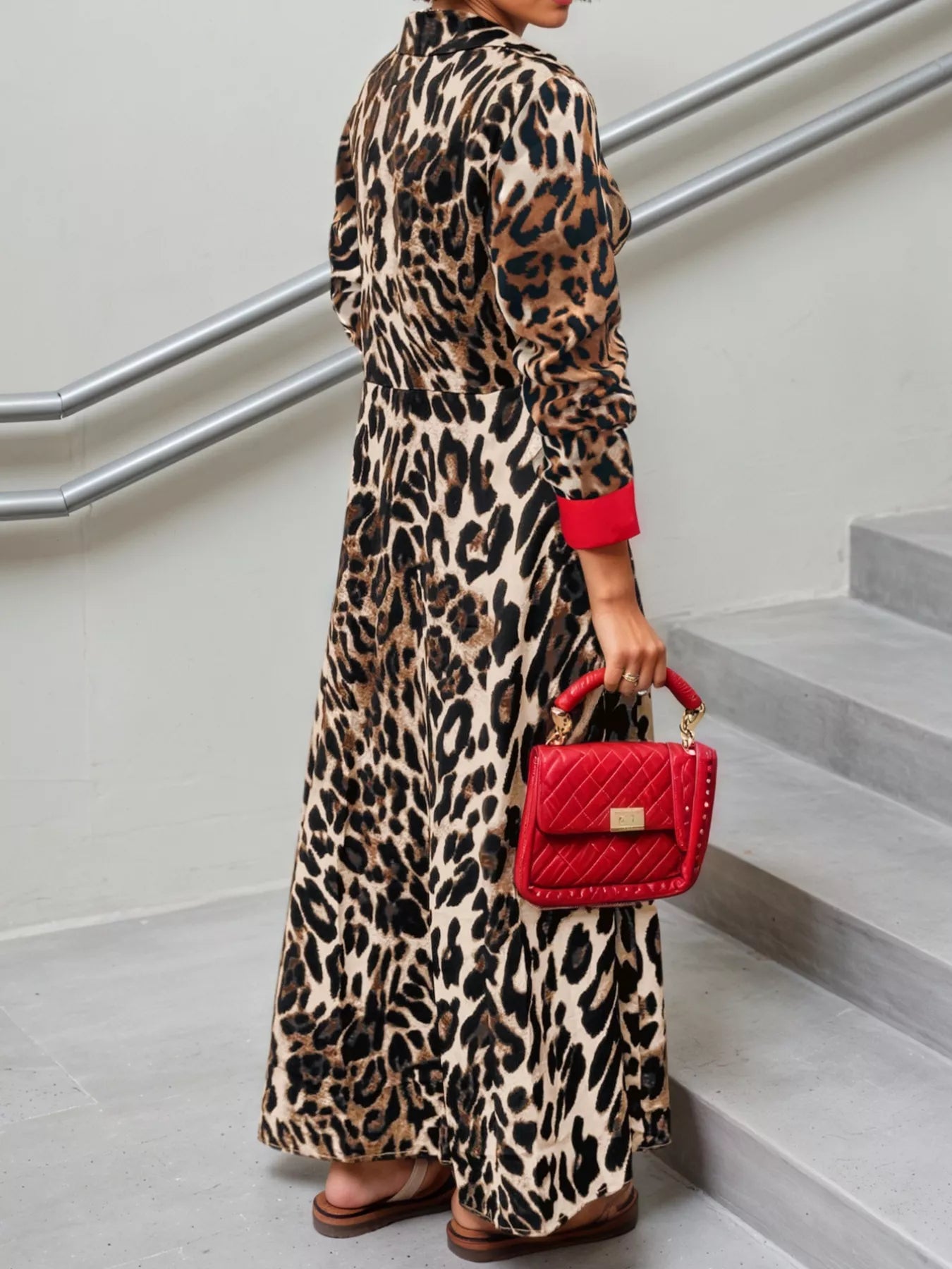 Leopard Print Long Sleeve Shirt Dress with Contrast Trim