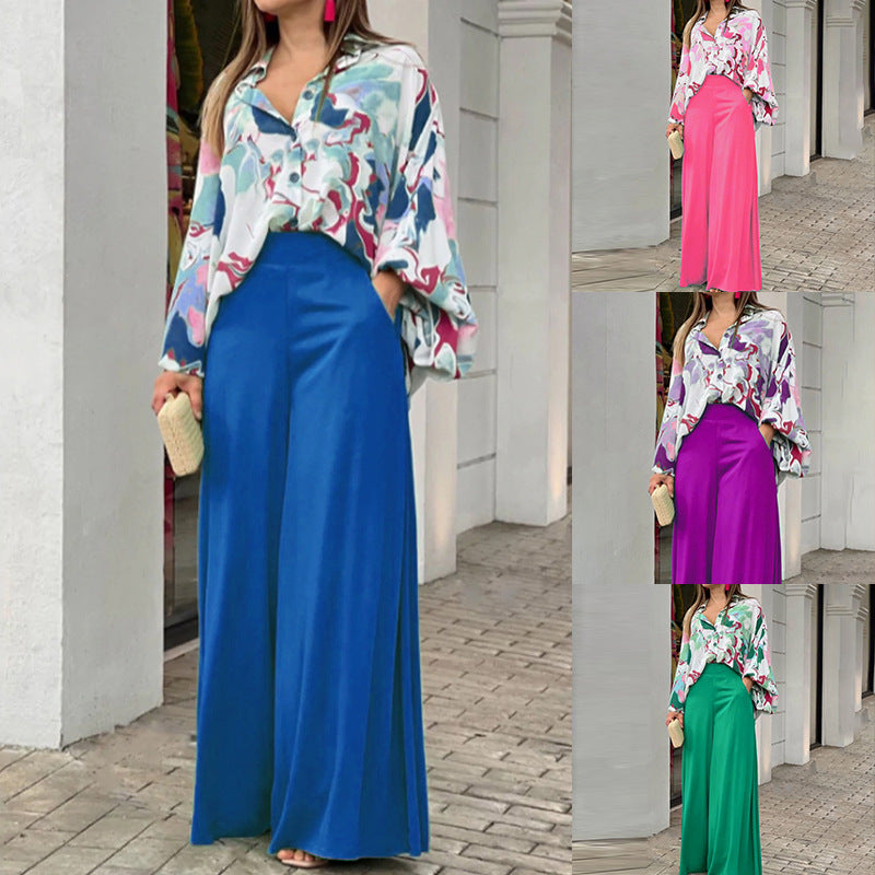 Elegant Colorful Printed Shirt plus Wide Leg Pants 2-piece Set