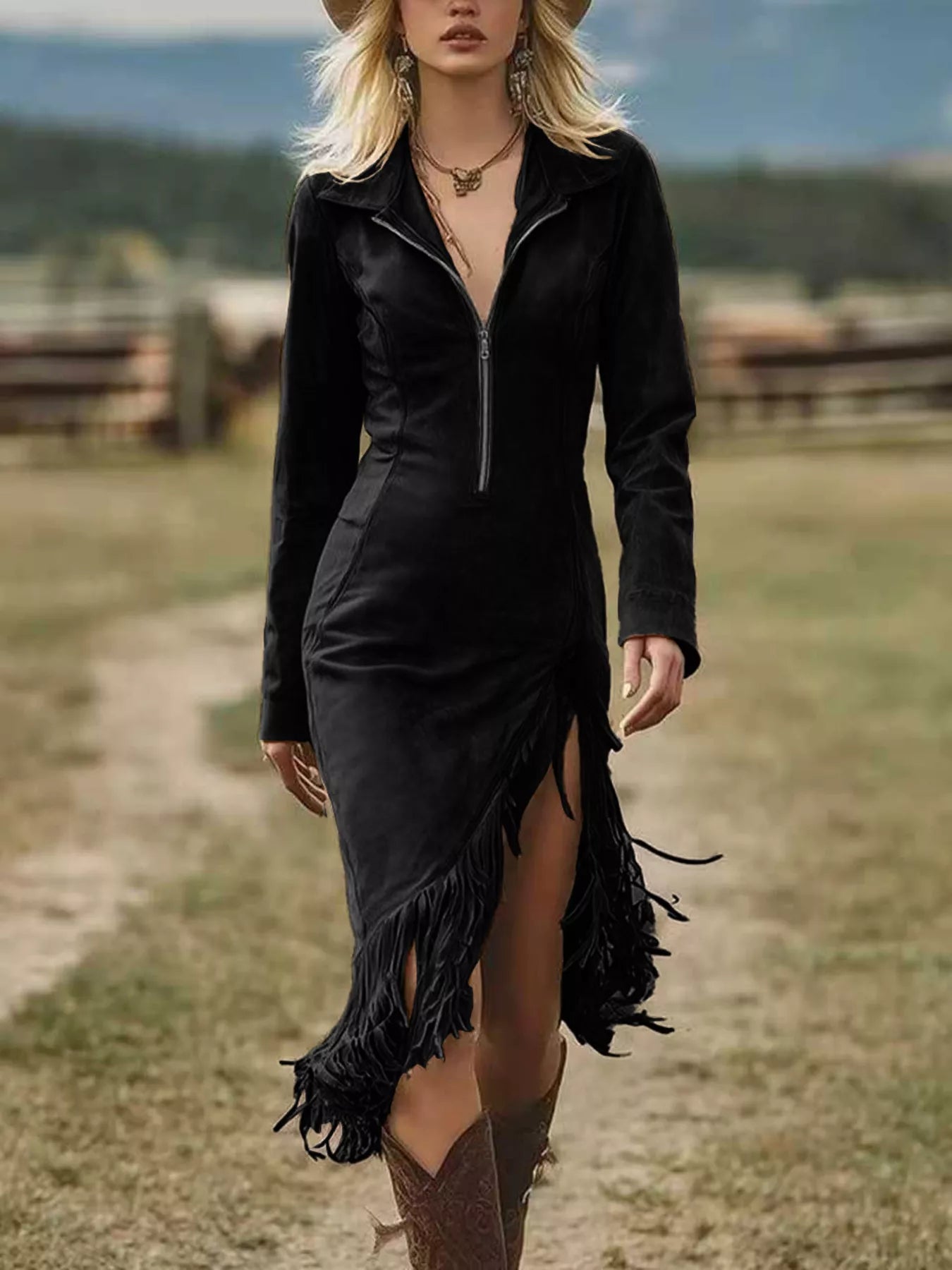 Fringe Hem Zip Front Bodycon Dress