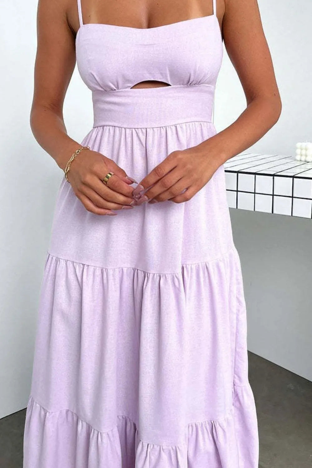 Cut-Out Tiered Dress with Spaghetti Straps
