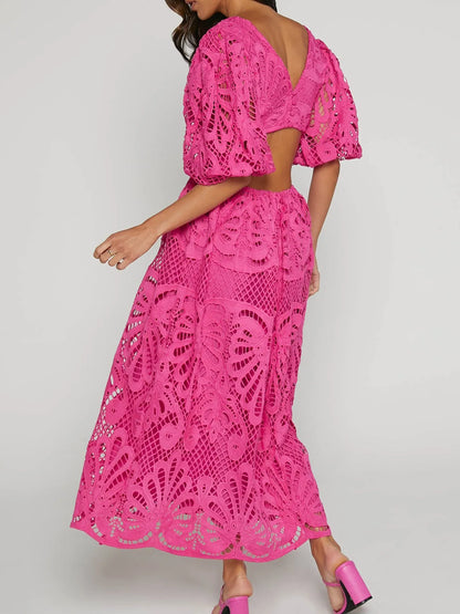 Cutout Back Lace Crochet V-Neck Dress