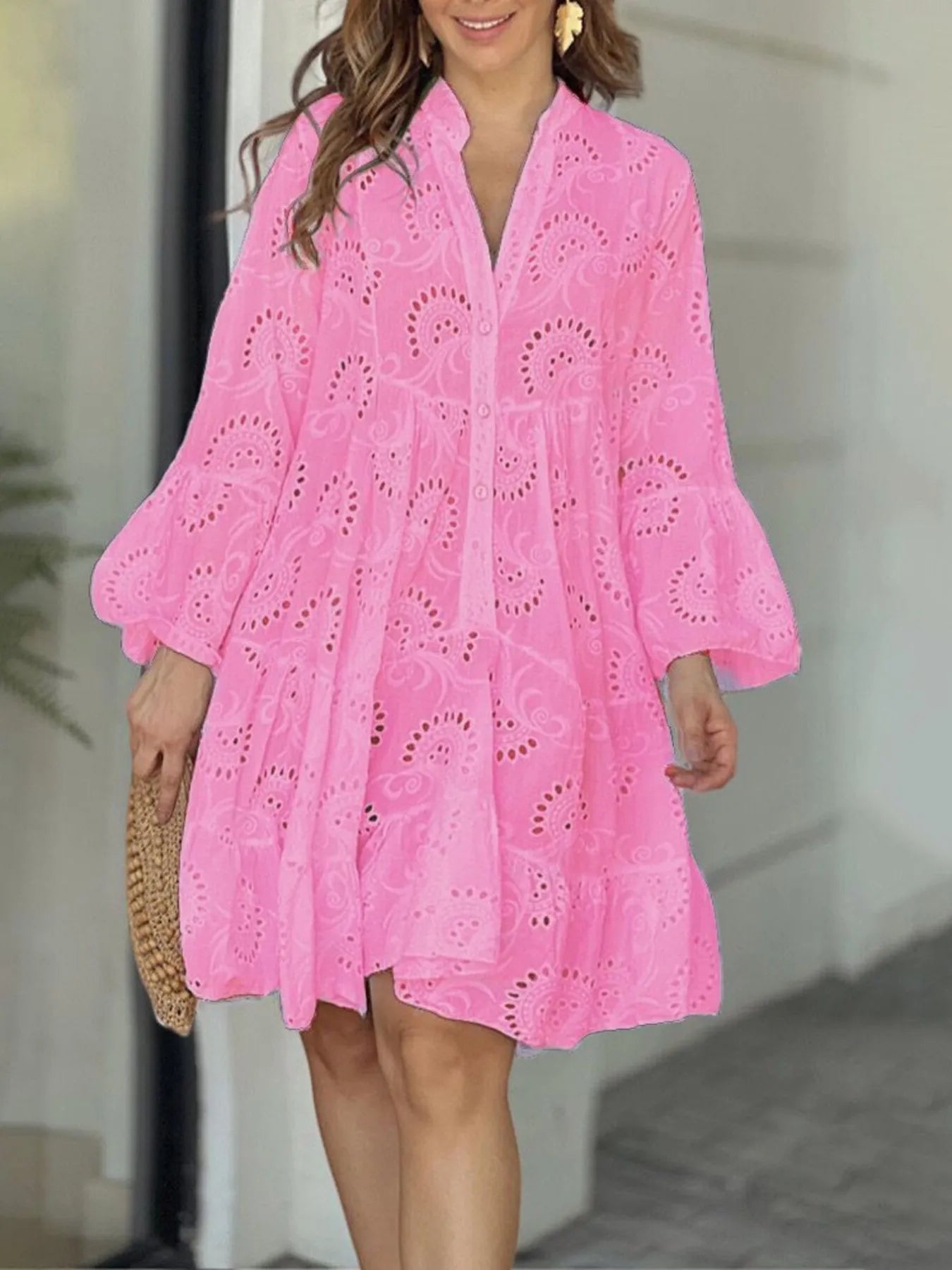 Eyelet Ruffled Hem Tiered Dress