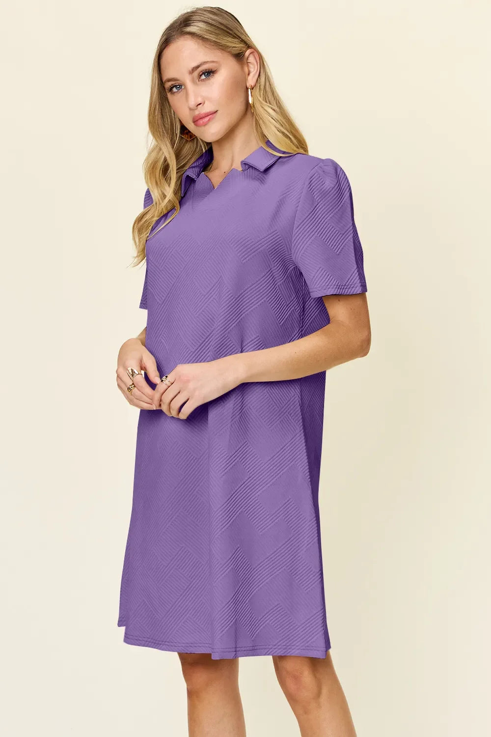 Double Take Texture Collared Neck Short Sleeve Dress