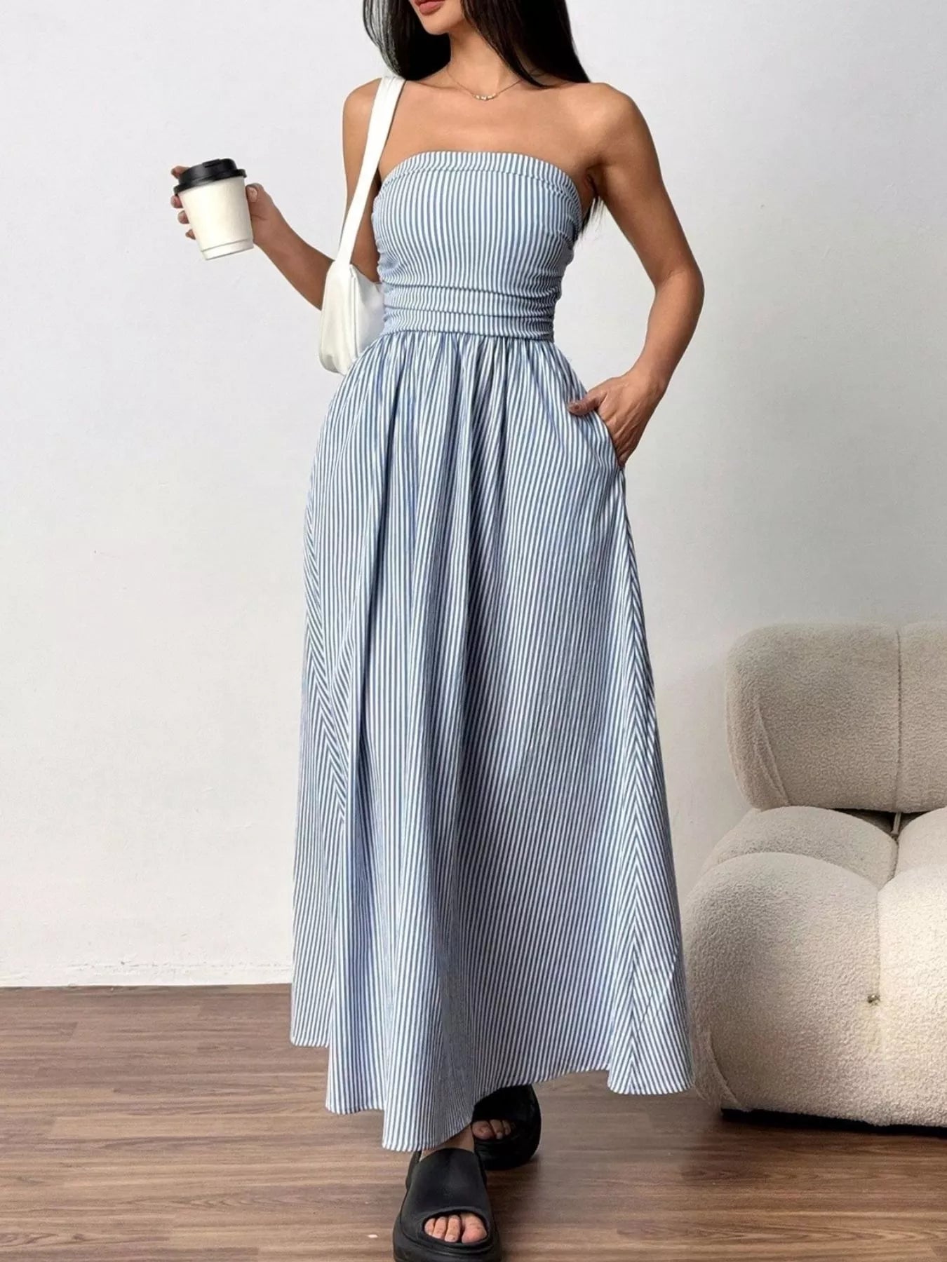 Striped Strapless Casual Maxi Dress
