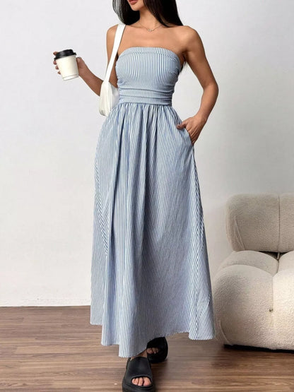 Striped Strapless Casual Maxi Dress