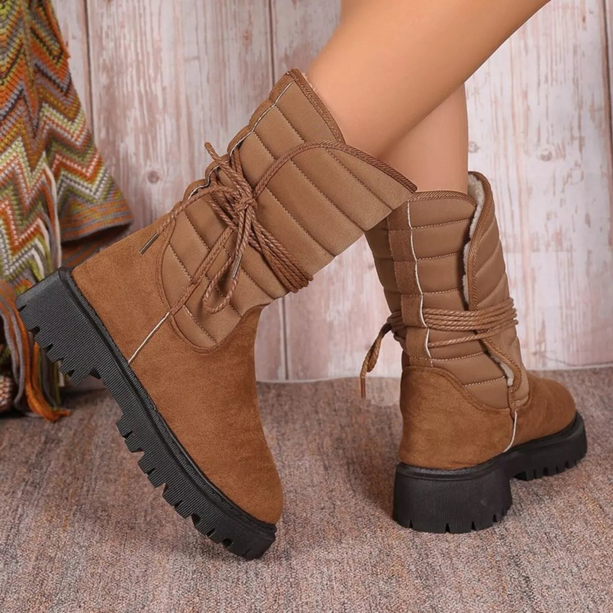 Quilted Lace-Up Mid-Calf Boots