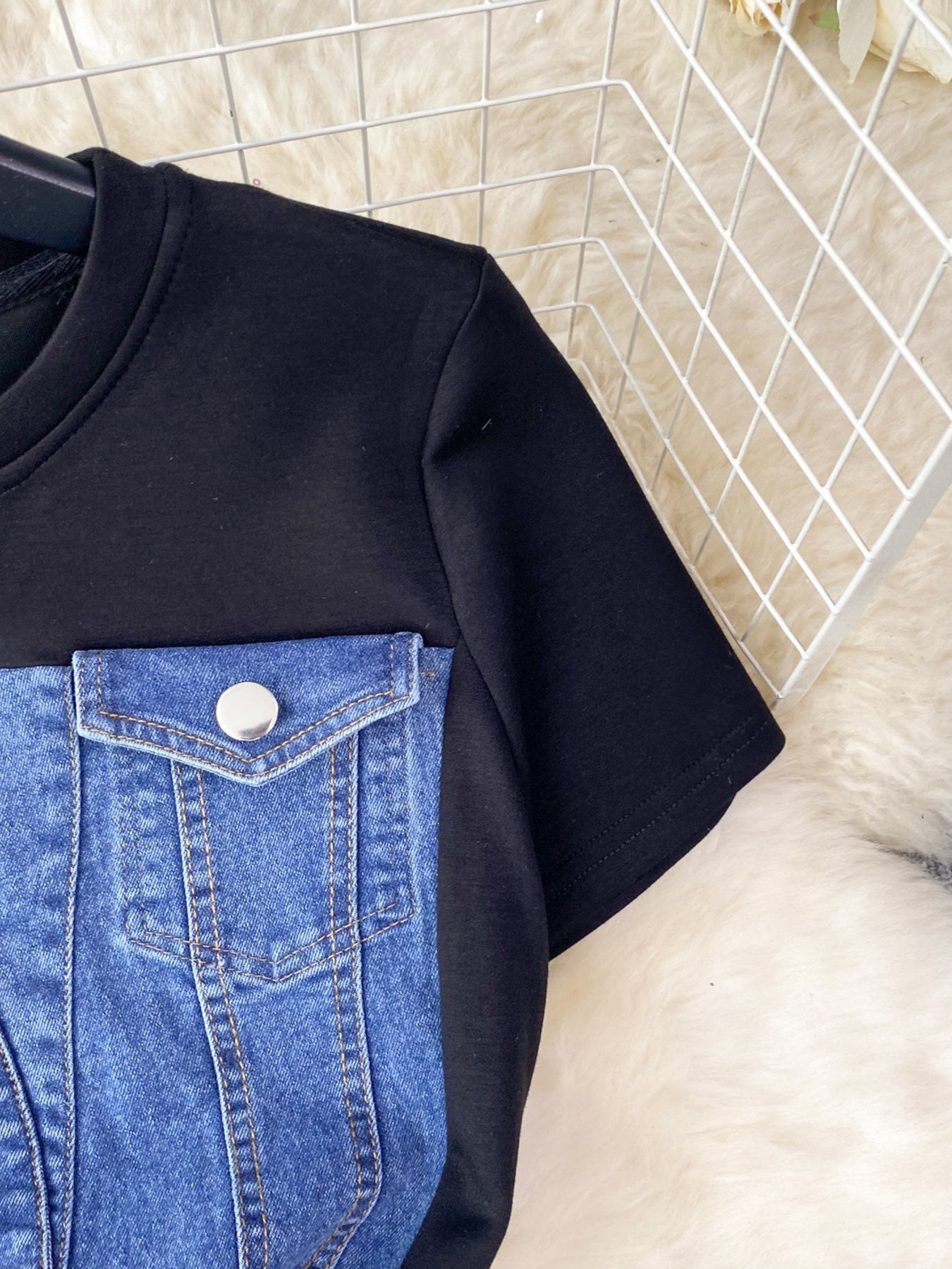 Full Size Denim Patchwork Short Sleeve Slit Back Dress Plus Size